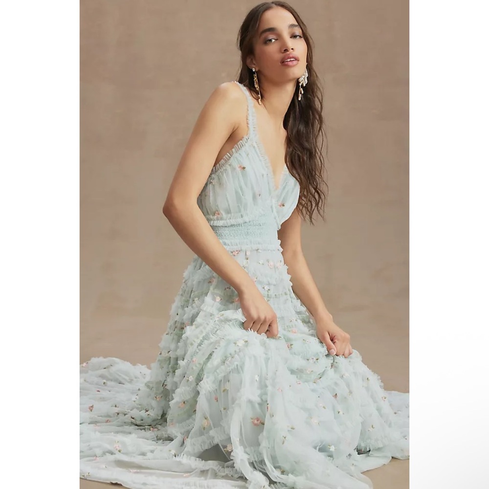 Mac Duggal Ruffle Cross-Back Smock-Waist Floral Embroidered Gown Anthro